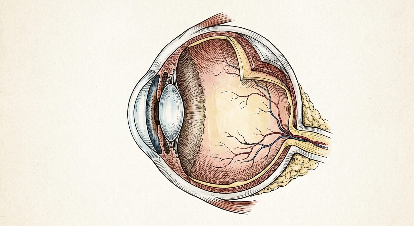 Detailed medical illustration showing a cross-section of the human eye, including the cornea, iris, lens, vitreous, retina, and optic nerve